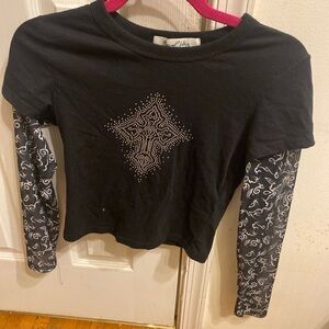 Black Long Sleeve Top with Patterned Sleeves